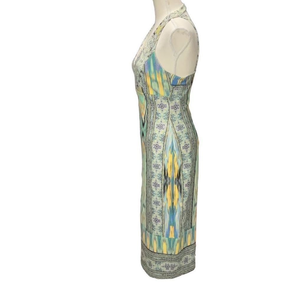 Hale Bob Geometric Colorful Lined Halter Stretch Bodycon Midi Dress V Neck M NWT - Picture 3 of 10